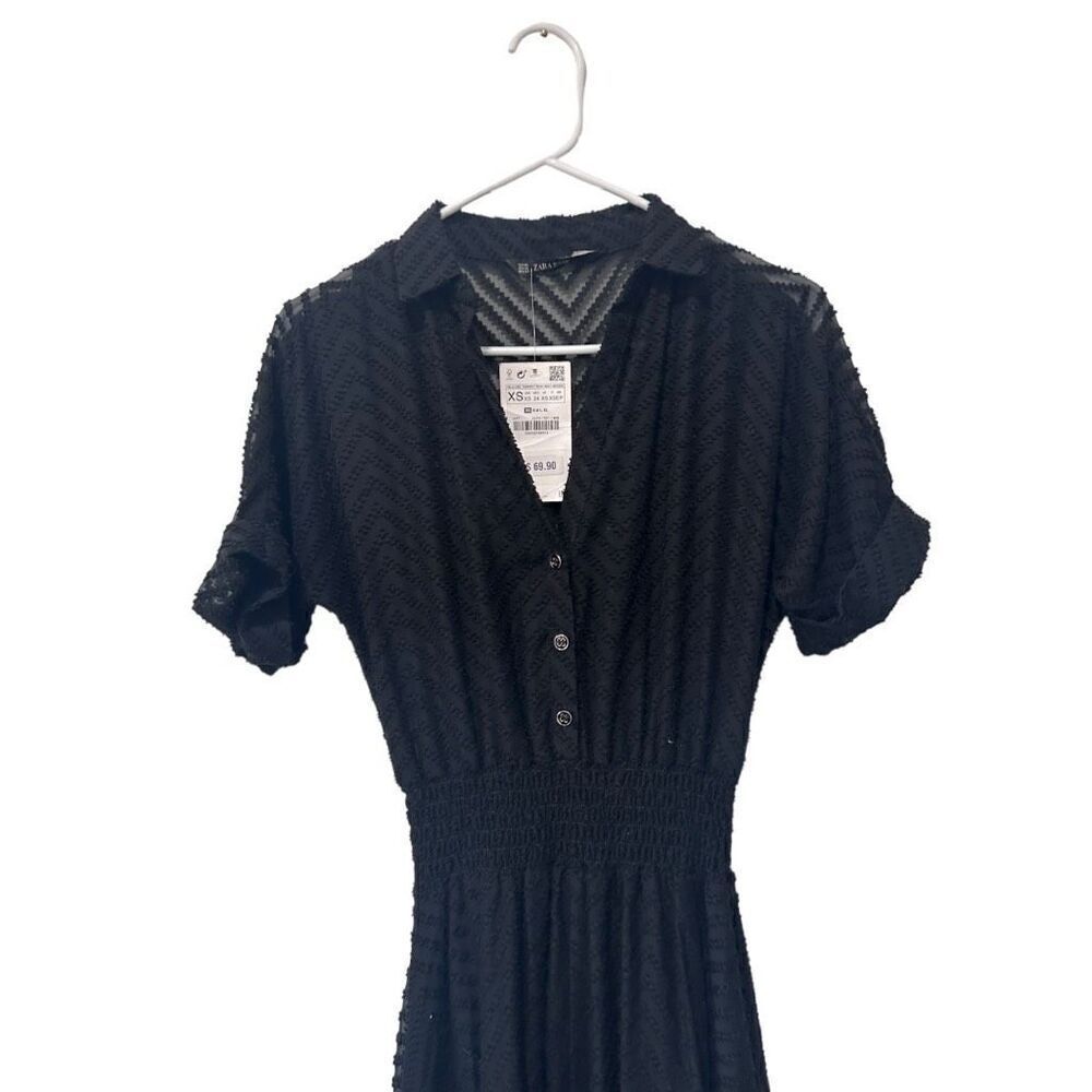Zara Basic Short Sleeve Button Front Smocked Waist Shirt Dress Black Size XS NWT - Picture 4 of 14